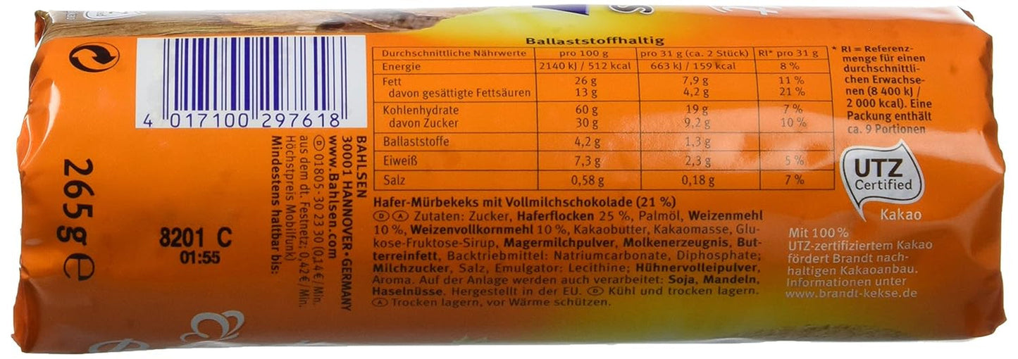 Brandt Hobbits Chocolate - Balení po 18 kusech - Úložný box - Celozrnné ovesné sušenky s vysokým obsahem vlákniny, polojemné čokoládové sušenky (18 x 265 g)