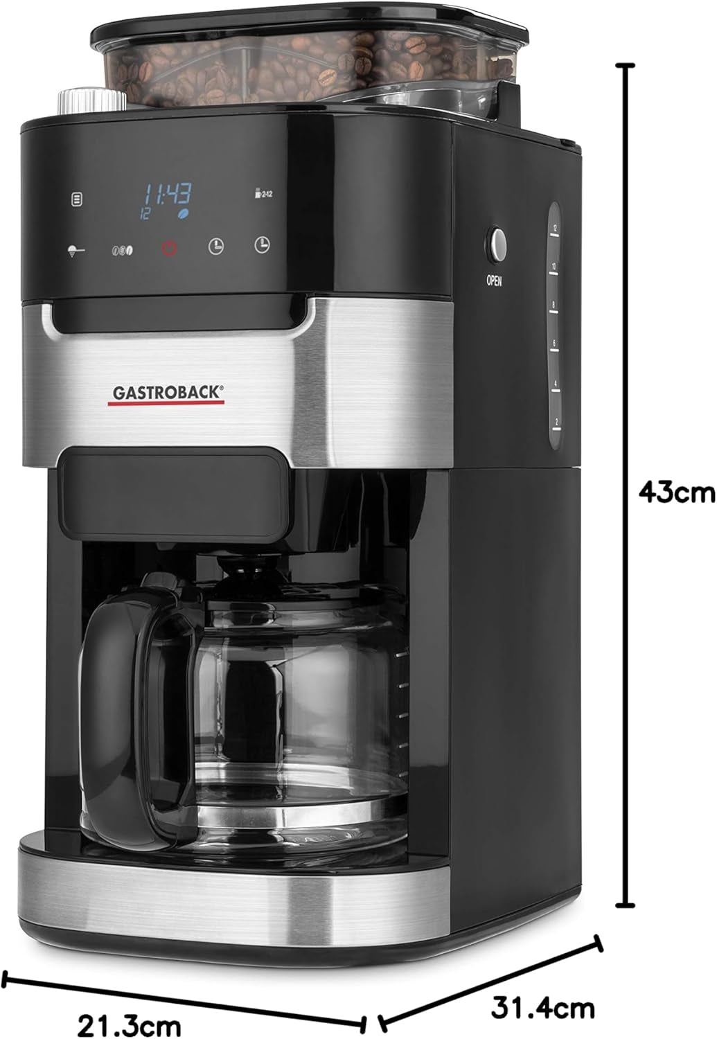 Kávový espresso kávovar GASTROBACK 42711 Grind & Brew Pro, kávovar s integrovaným filtrem a mlýnkem, kónický mlýnek s 8 nastaveními mletí, dotykový LCD displej, plast