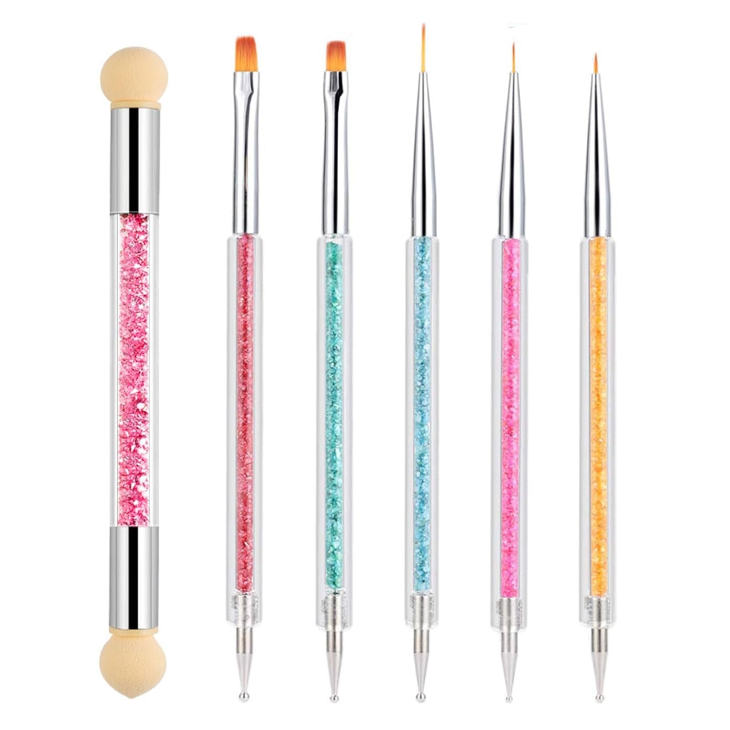 Sada 6 Stück Nagel Pinsel Pinsel, Doppel-Ende Nagel Design Pinsel, Acryl Nail Art Pinsel Pinsel Pinsel na tečkování teček pro DIY Nail Art Design (Mit 1 Schwammbürste)