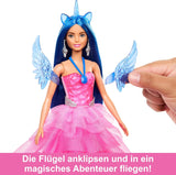 Skrytá magie Barbie – panenka jednorožec, růžové šaty se safírově modrými detaily, čelenka pro jednorožce, odnímatelná safírová křídla a ocas, od 3 let, HRR16