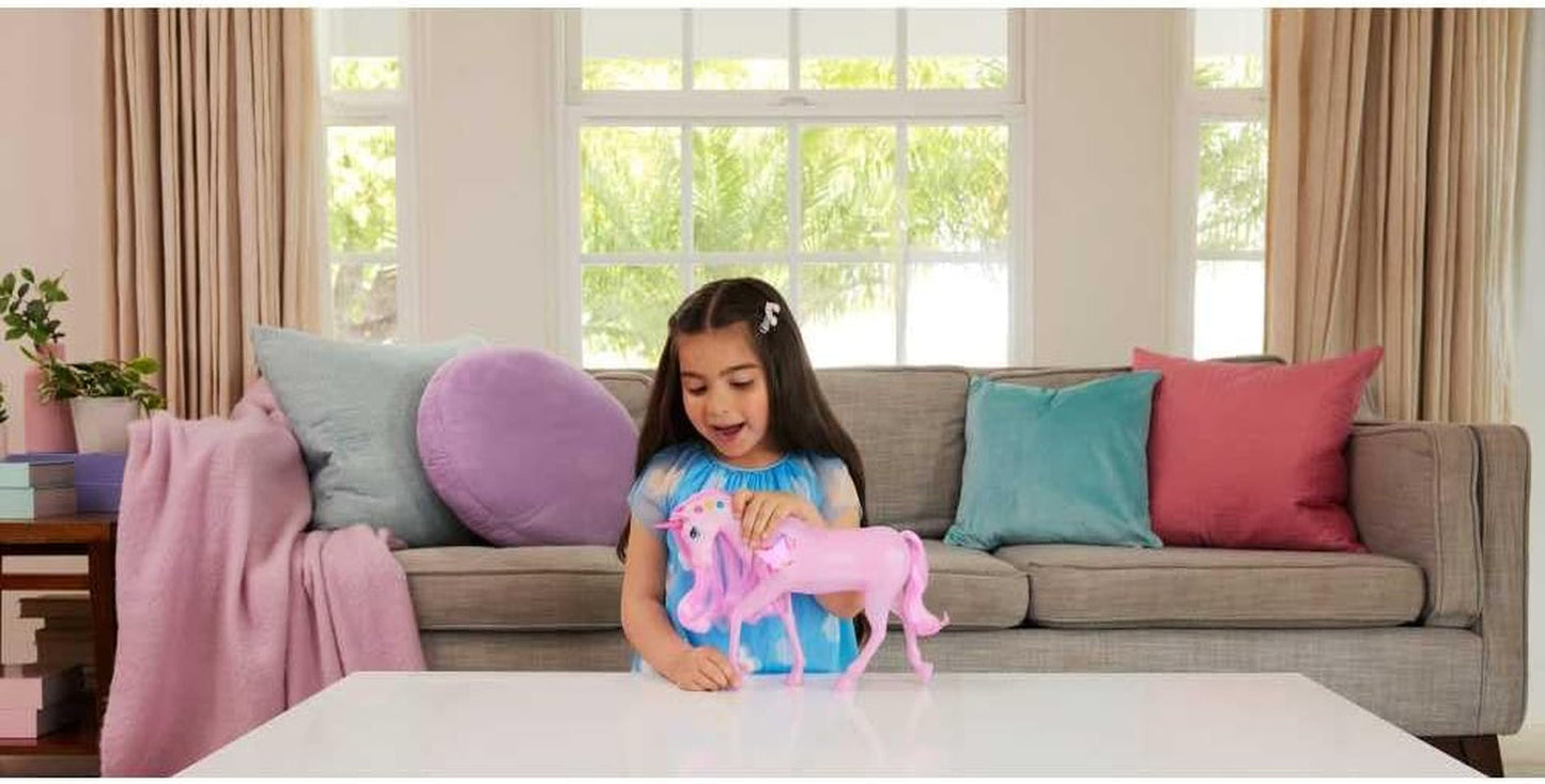 Barbie jednorožec svítící ve tmě s 20 interaktivními kombinacemi světelných, zvukových a hudebních efektů pro hru stisknutím tlačítka a hlazení hlavou, JCP78
