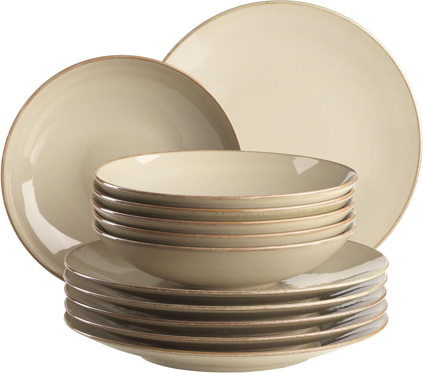 MÄSER 931734 Ossia, Teller-Set für 6 Personen im Mediterranen Vintage-Look, 12-ti moderní Tafelservice mit Suppentellern und Speisetellern v sandigem Grau, Keramik, Sandgrau