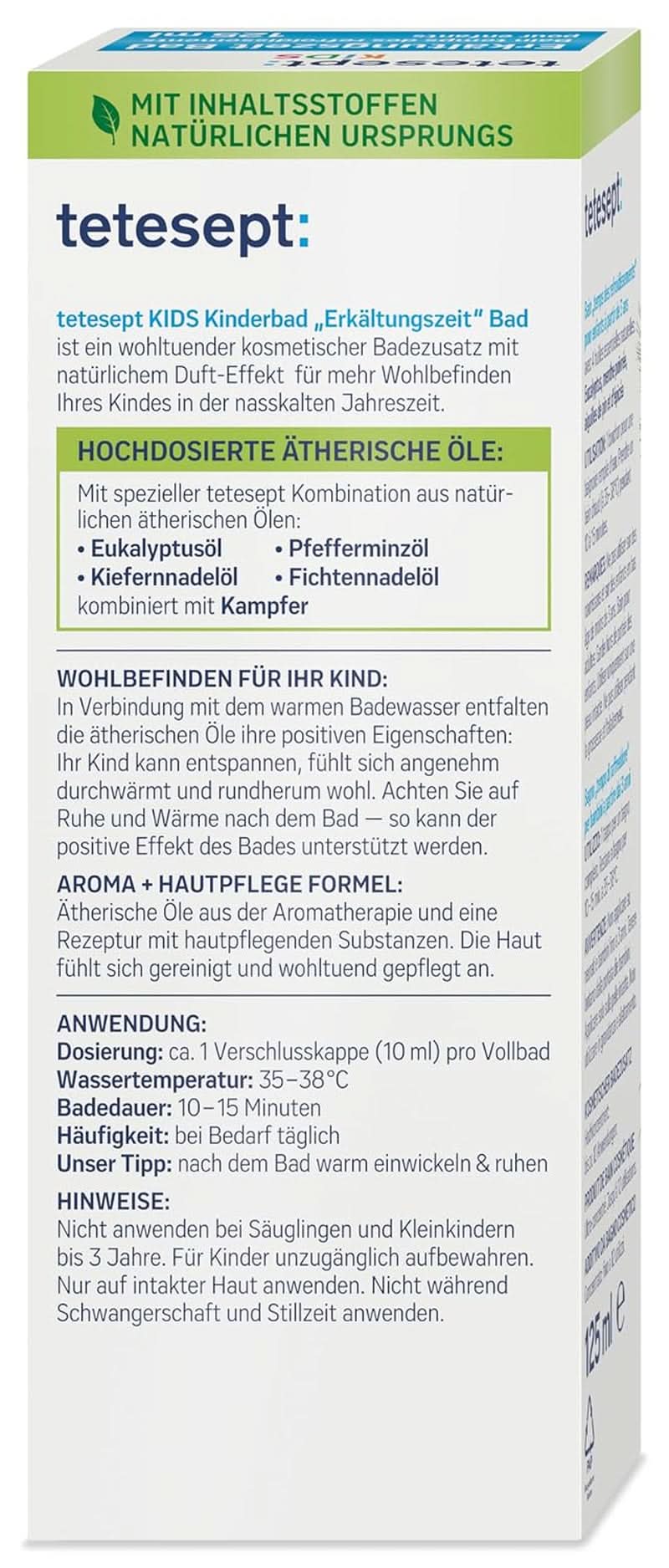 Tetesept Kids Cold Time Bath - dětská přísada do koupele pro chladné období se 4 esenciálními oleji, relaxace a prohřívání, 125 ml Naty Shop