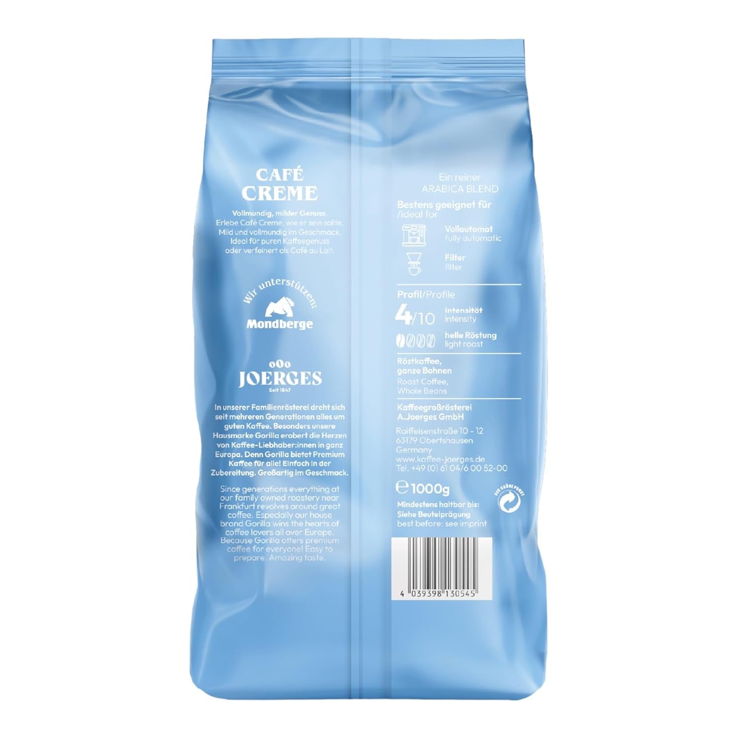 Gorilla Café Creme 6x 1000g | 100% tradiční Arabica-Bohnen | Ideální Volllautomaten Crema harmonisches Aroma | geriger Koffeingehalt helle Röstung | Vorratspackung