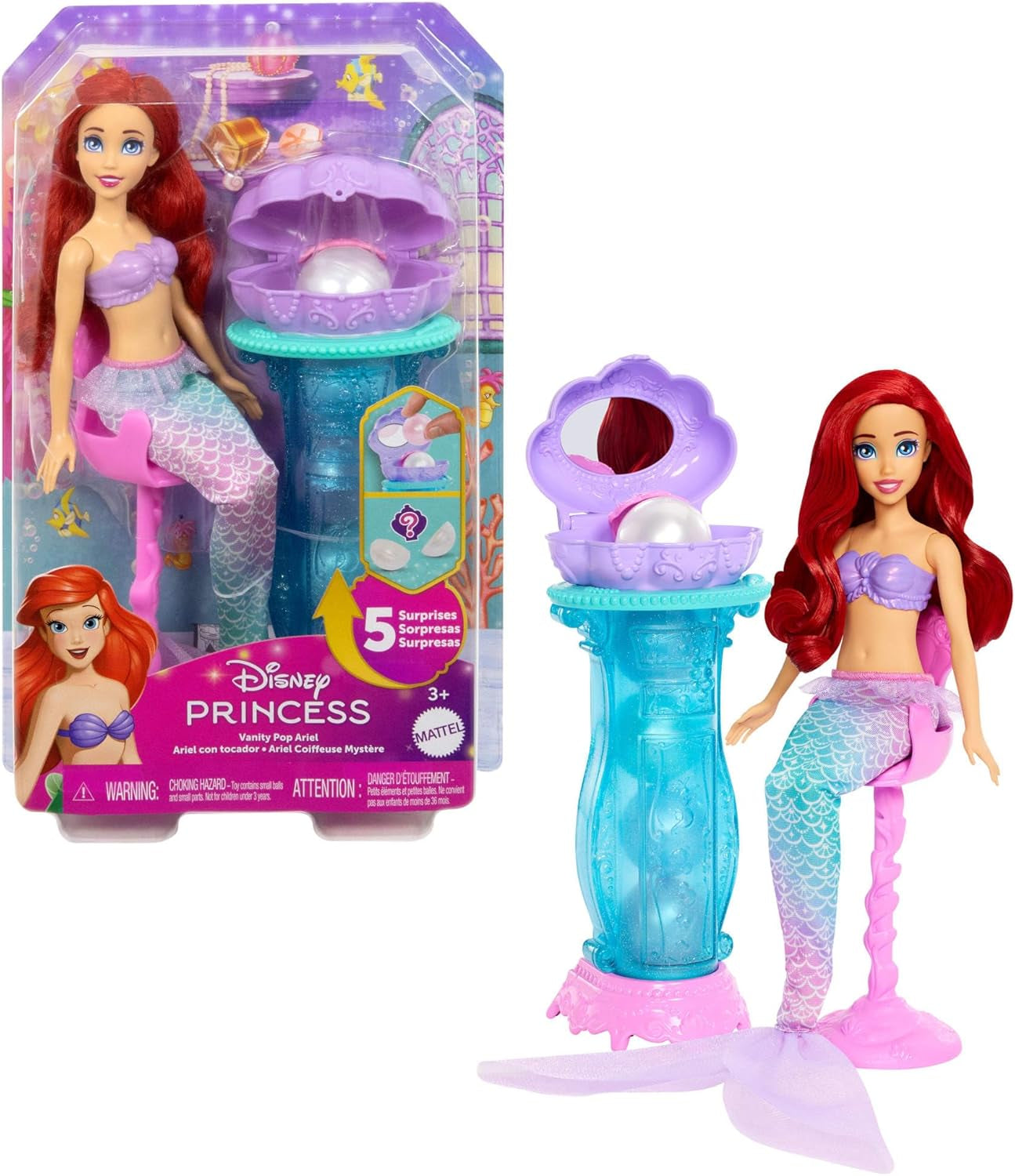 Mattel Disney Princess Toys, panenka Mermaid Ariel Fashion s odnímatelnou ocasní ploutví, toaletní stolek s 5 opakovatelnými vyskakovacími překvapeními a 5 doplňky, JBF86