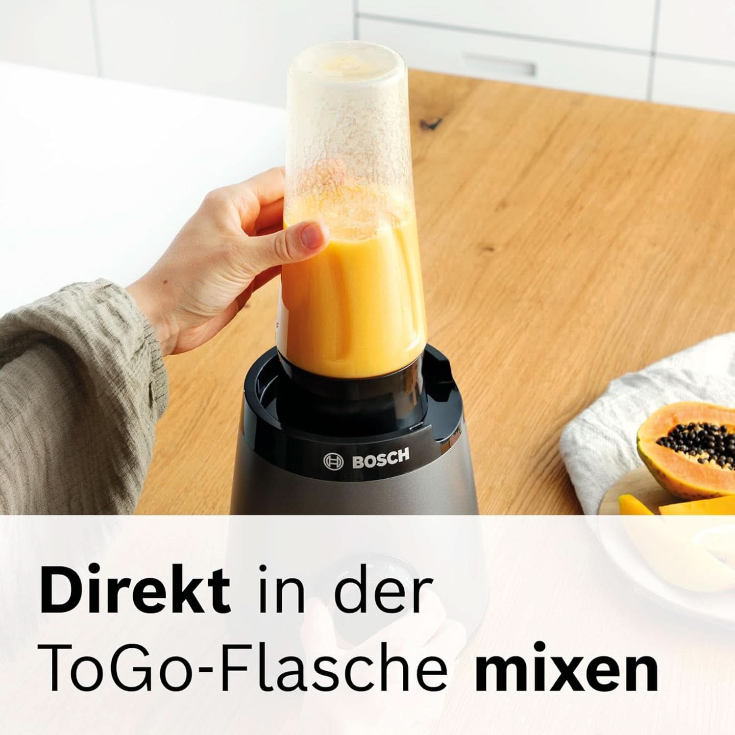 Bosch Standmixer Vitapower Serie 4 MMB6177S, Edelstahl-Klingen Made in Germany, 1,5L Thermosafe Glasbehälter, 0,6L To-Go-Flasche, Stopfer, Universalzerkleinerer, 30 000 U/Min, 1200 W, Silver Kitchen Naty Shop