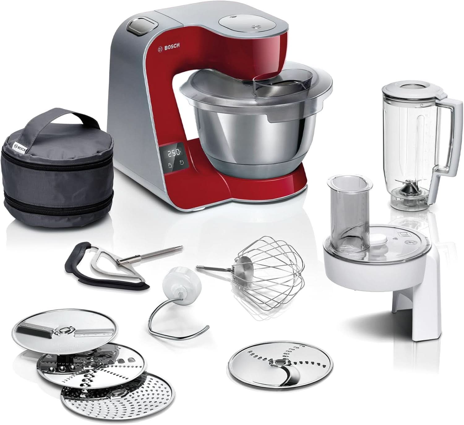 Kuchyňský robot Bosch Series 4 MUM5X720, integrovaná váha, nerezová mísa 3,9L, mixér 1,25L, 1000W Příslušenství Jídlo a kojení Baby Naty Shop Single Tmavě červená / stříbrná 2 doplňky