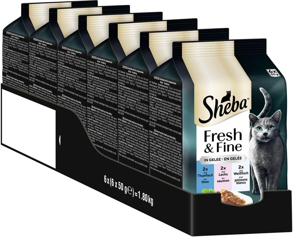 Sheba Portion Pouches Mokré krmivo pro kočky, Multipack Fresh & Fine v želé s MSC tuňákem a lososem, 6x6x50g - Zdravá jídla pro kočky s želé