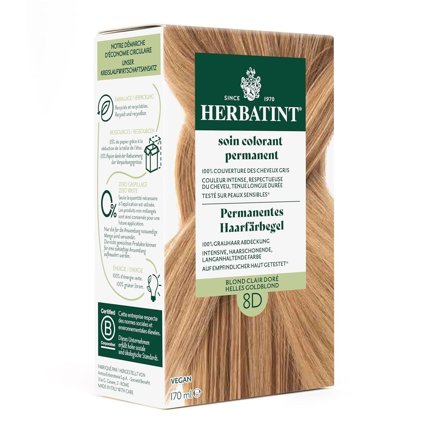 Permanentní gel na barvení vlasů 6N tmavá blond - 170 ml I Bez amoniaku, 100% krytí šedých vlasů Testováno na citlivé pokožce, s 8 rostlinnými výtažky Naty Shop Hair Dye 8D Světle zlatá blond