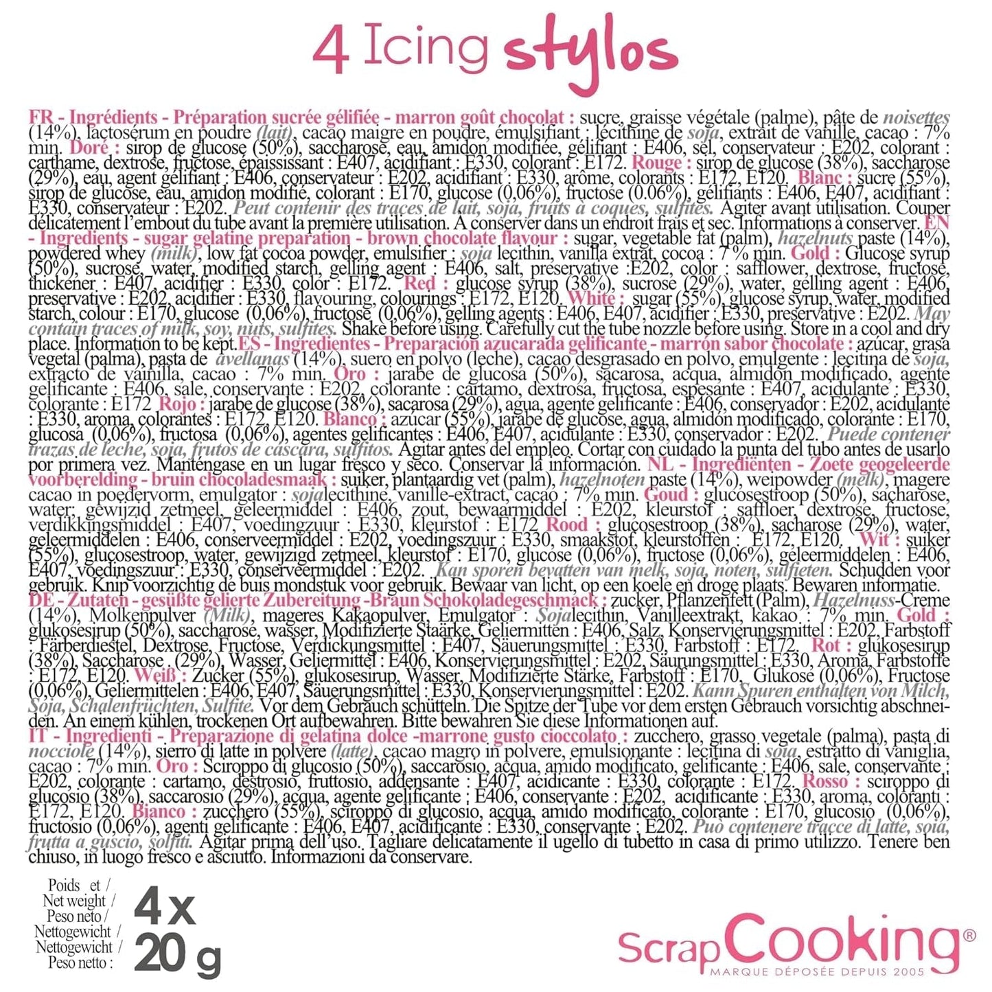 Scrapcooking - 4dílné popisovače: zlaté, čokoládové, bílé a červené - dekorativní jedlá pera pro psaní a kreslení na zákusky, dorty a sušenky