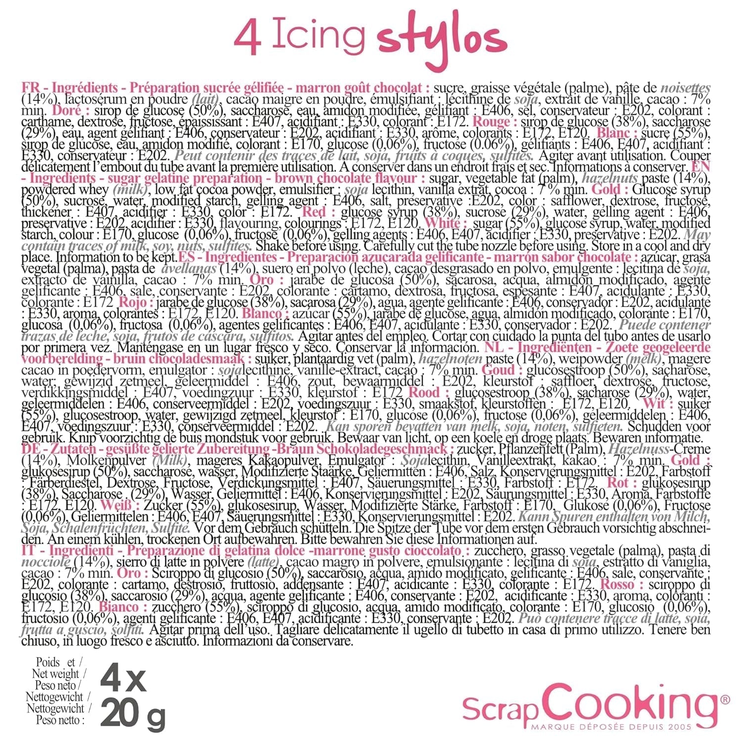 Scrapcooking - 4dílné popisovače: zlaté, čokoládové, bílé a červené - dekorativní jedlá pera pro psaní a kreslení na zákusky, dorty a sušenky