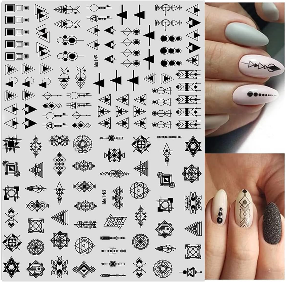 12 Blatt Nagelsticker Geometrisch Nagelaufkleber Selbtklebend Schwarz-Weißes Mysteriöses Dreieck Nail Art Sticker Dekoration Nageldesign Zubehör