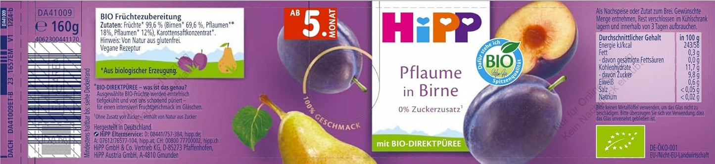 HiPP Bio švestky s příchutí hrušky (6 x 160 g), od 5 měsíců, bez přidaného cukru, zvláště intenzivní ovocná příchuť, nejlepší bio kvality.