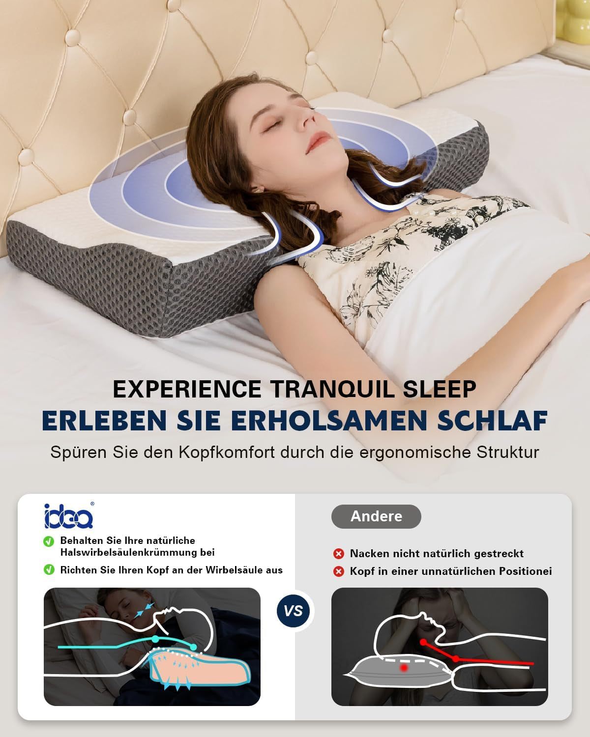 IDEA Polštář, Ergonomický ortopedický polštář na bolest krku, Polštář z paměťové pěny pro boční, zadní a břišní spáče, Polštář proti chrápání pro muže Ženy (62 * 34,5 * 12/8CM) Krční ortopedické polštáře Naty Shop