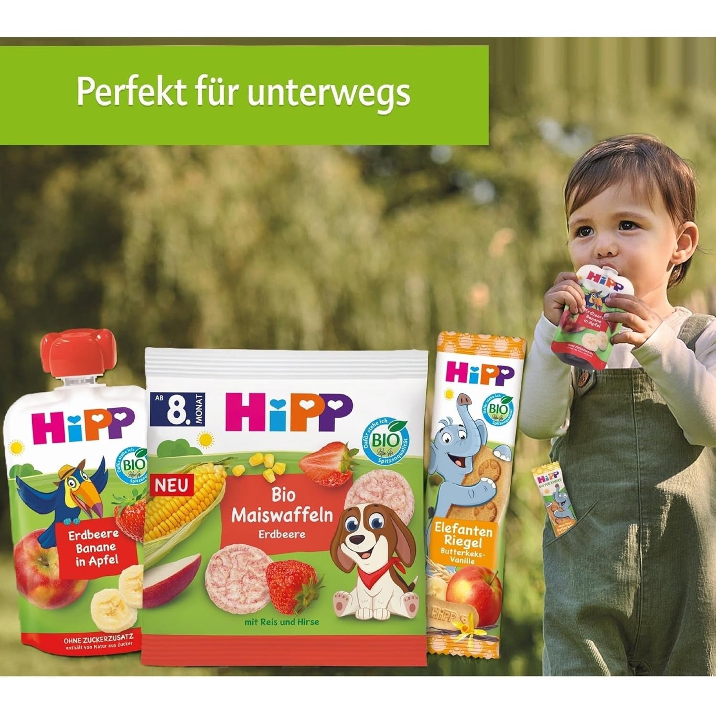 HiPP Organic Fruit Plus sáčky s granátovým jablkem a acerolou ve směsi jablka a maliny - Ben Beagle (8 x 100g), od 1 roku, 100% ovocné pyré, bez přidaného cukru, vegan, nejlepší bio kvalita