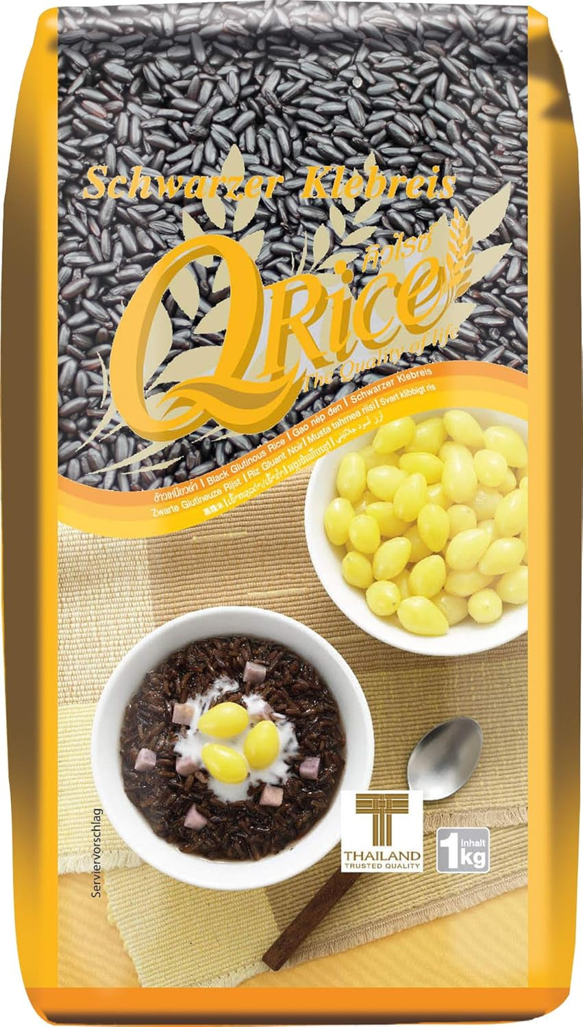Q RÝŽE | Černá dlouhozrnná lepkavá rýže z Thajska | Aromatická s jemným ořechovým nádechem | Ideální pro kari, sushi a mochi dezerty | 1 x 1 kg