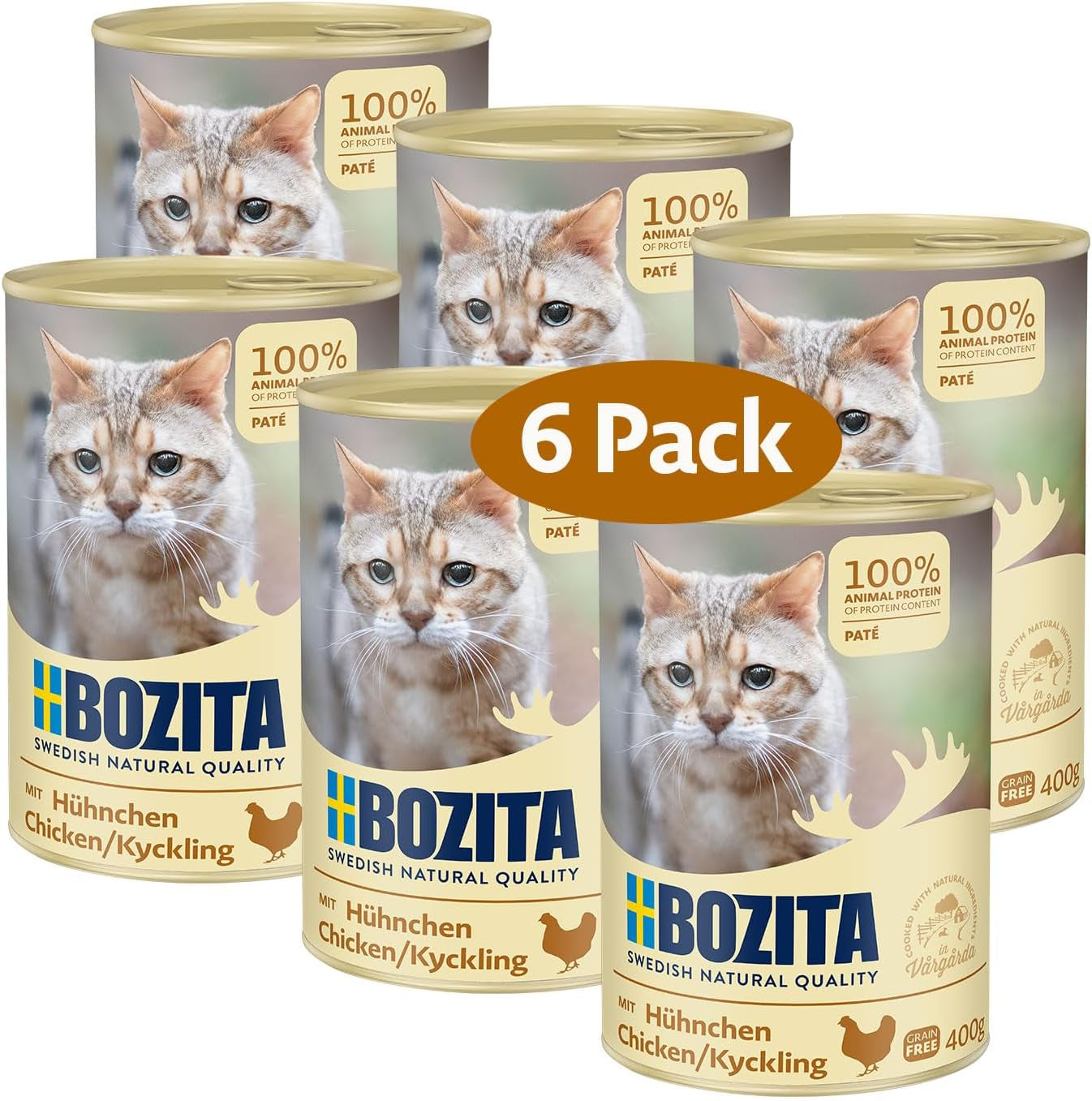Kuřecí paštika bez obilovin Bozita - 6 x 400 g mokrého krmiva pro kočky a koťata. Kompletní krmivo s 9,5 % bílkovin a 5 % tuku, vyrobené z vysoce kvalitních přírodních surovin, bez obilovin – ze Švédska