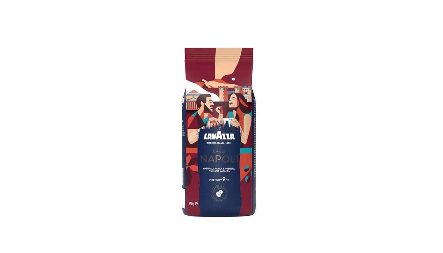 Lavazza, Tales of Napoli, kávová zrna, ideální pro espresso stroje, s aromatickými tóny kakaa a karamelu, Arabica a Robusta, intenzita 9/10, intenzivní pražení, 450 g