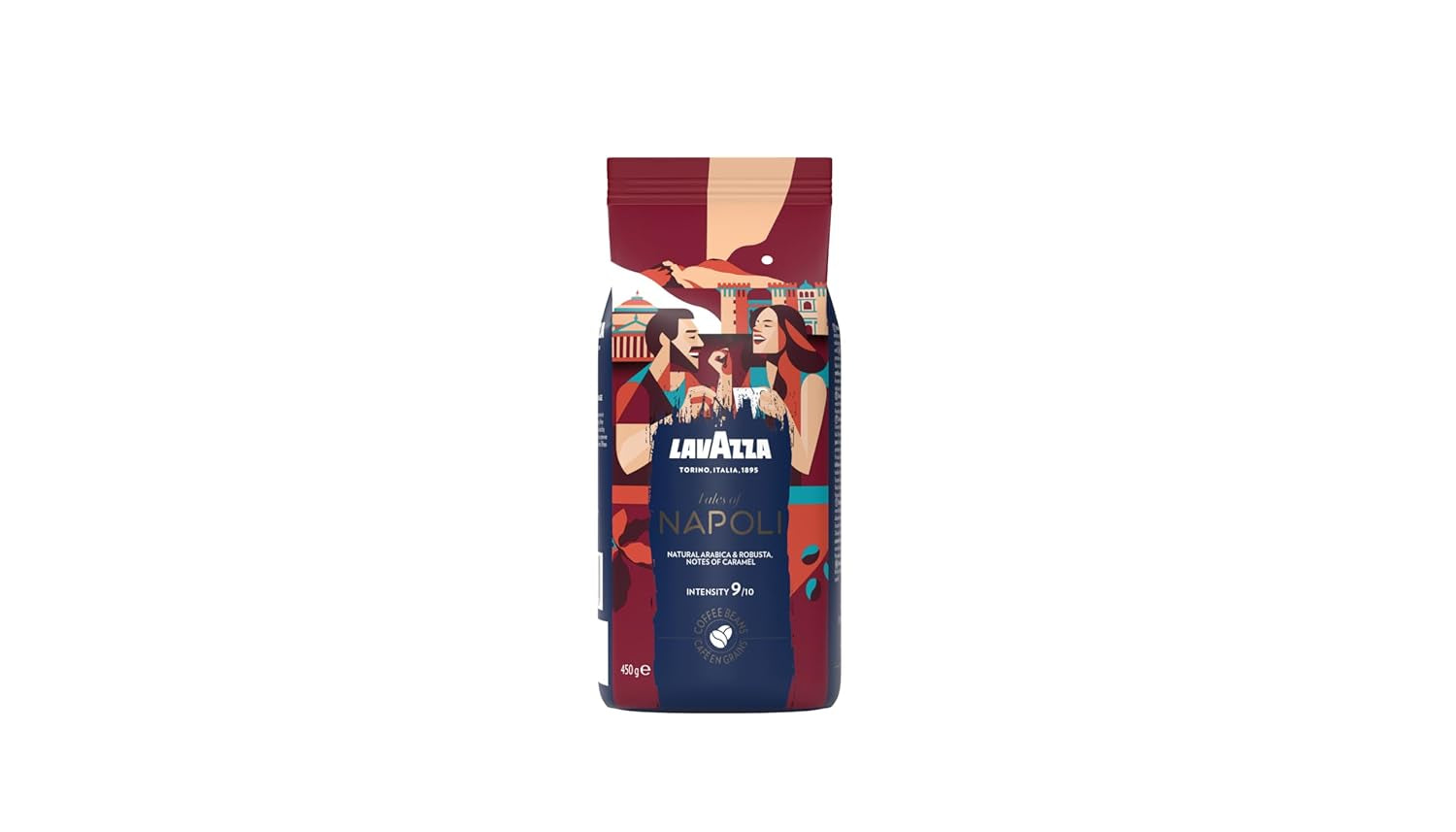 Lavazza, Tales of Napoli, kávová zrna, ideální pro espresso stroje, s aromatickými tóny kakaa a karamelu, Arabica a Robusta, intenzita 9/10, intenzivní pražení, 450 g