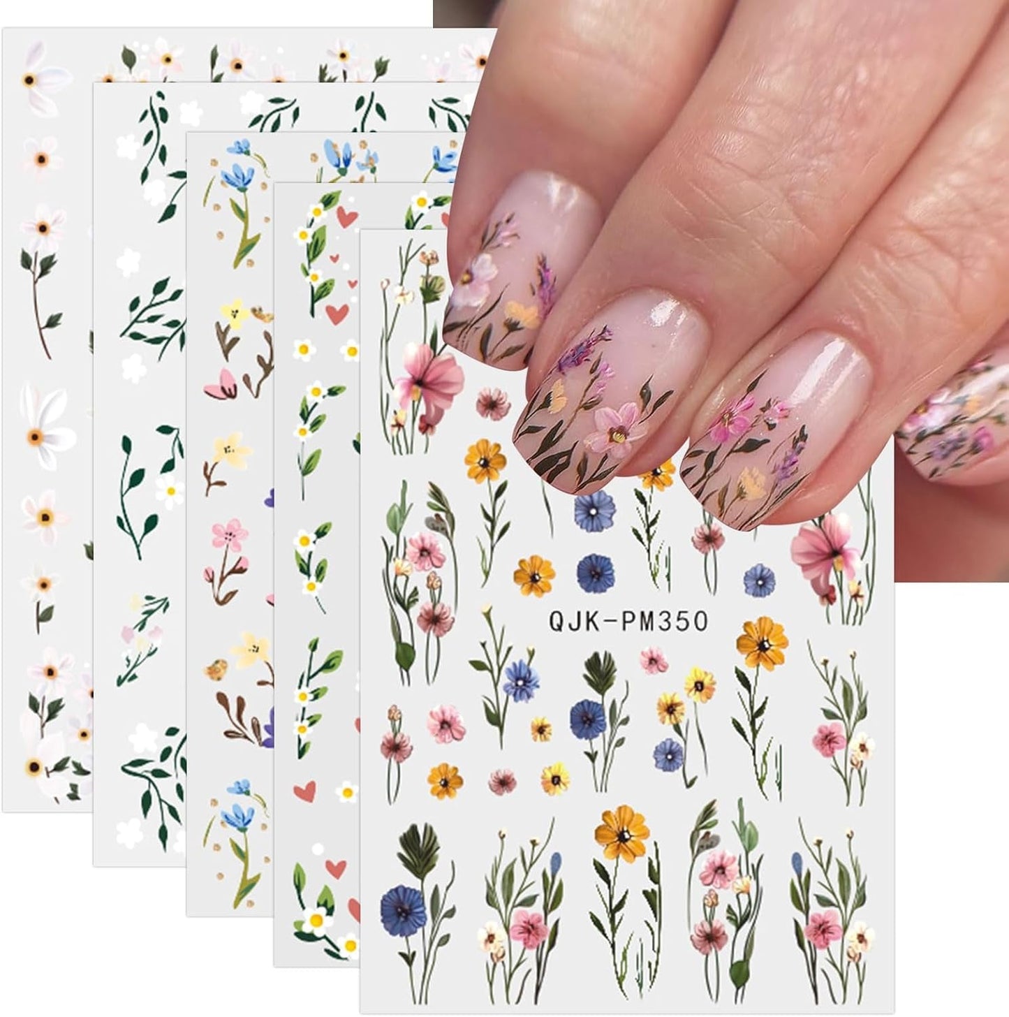 JMEOWIO Samolepka na nehty Bunte Blumen 9 Blatt Samolepka na nehty Selbtklebend Nagelaufkleber Frühling Letní Blumen Dekorace Nageldesign Zubehör