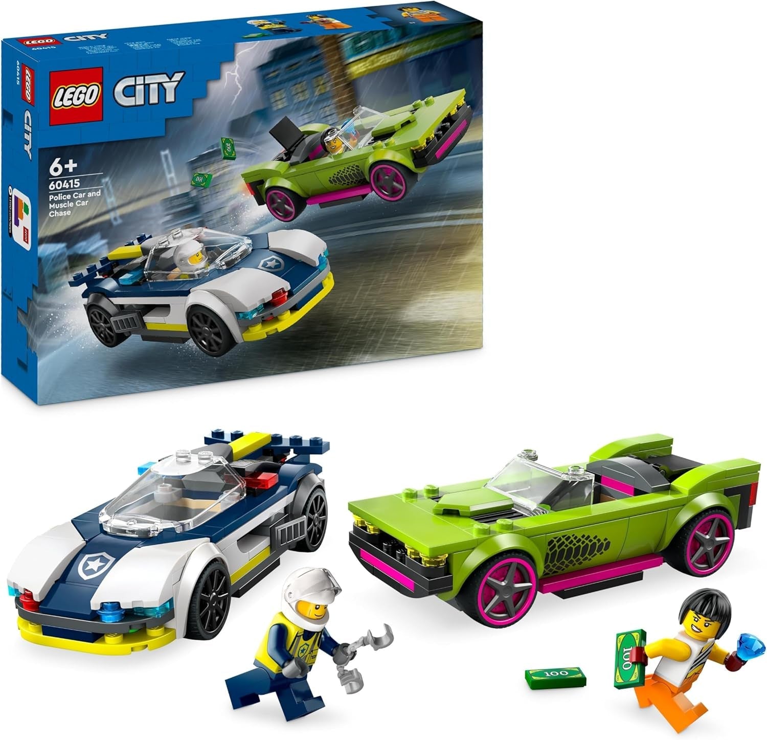 LEGO City Car Chase s policejním autem a svalovcem, vláčkodráha se 2 závodními auty, policejní dárek pro děti, chlapce a dívky od 6 let, sada policistů a minifigurek Ganovin 60415 Stavebnice Besuche den LEGO-Store Single