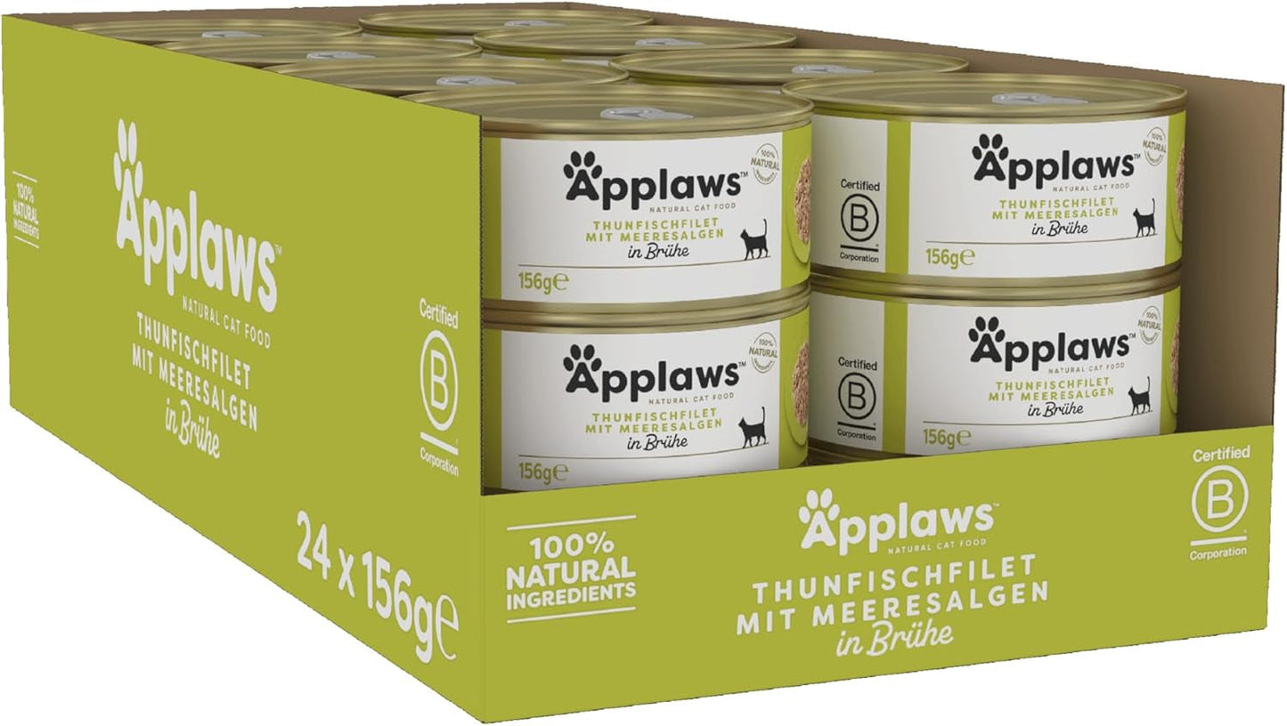 Applaws 100% přírodní Premium-Nassfutter für Katzen, Thunfischfilet mit Algen in Brühe - Packung mit 24 x 156g Dosen