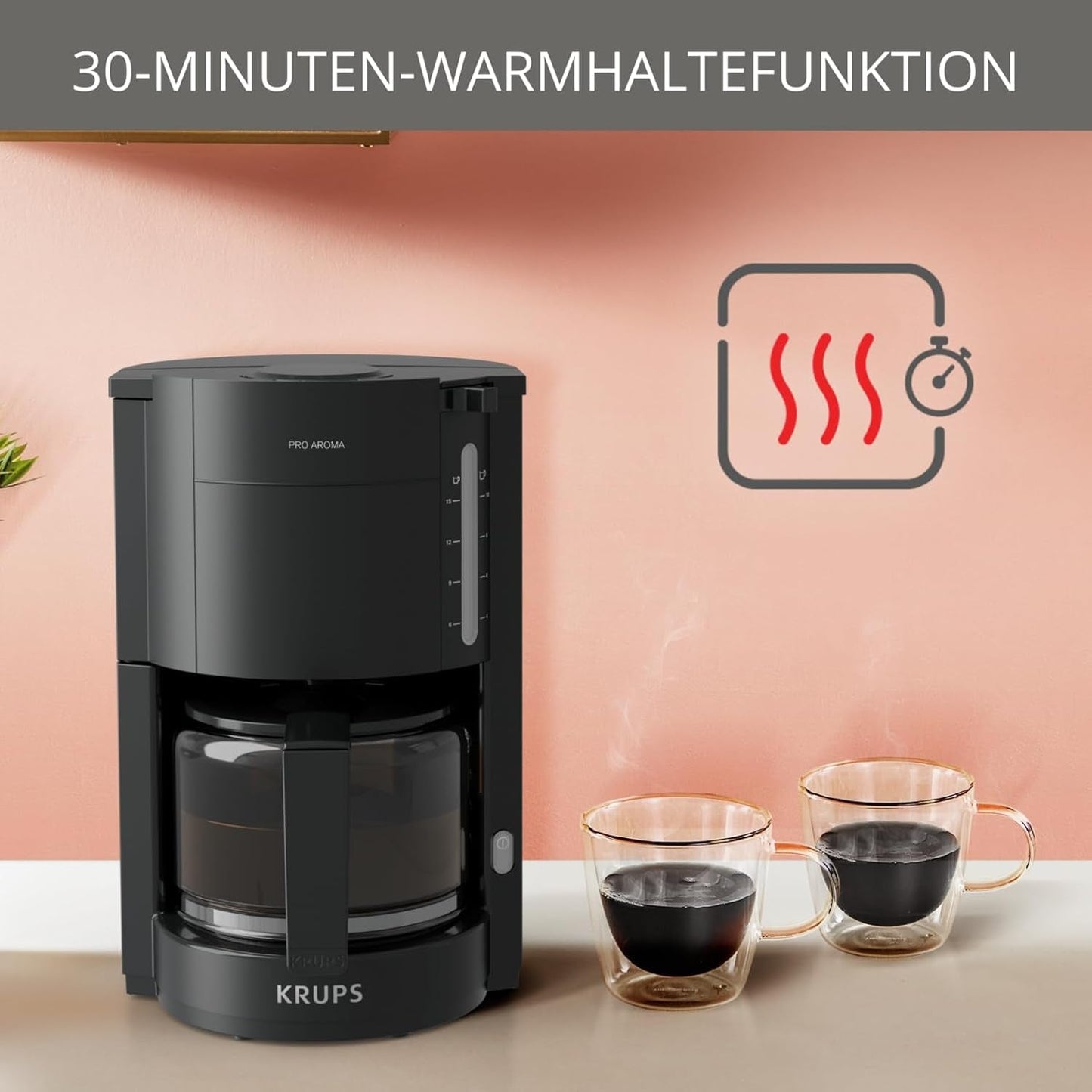 Espresso kávovar Krups F30908 ProAroma s filtrem a skleněnou karafou, objem 1,25 l, 10-15 šálků, 1050 W, černá