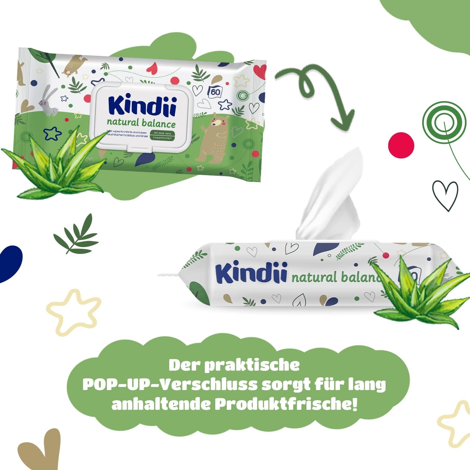 Kindii Natural Balance vlhčené ubrousky pro miminka – (1 x 60 ks) Vlhčené ubrousky pro miminka a děti – Ochranné, Aloe Vera, Jemná vůně – 60 ks.