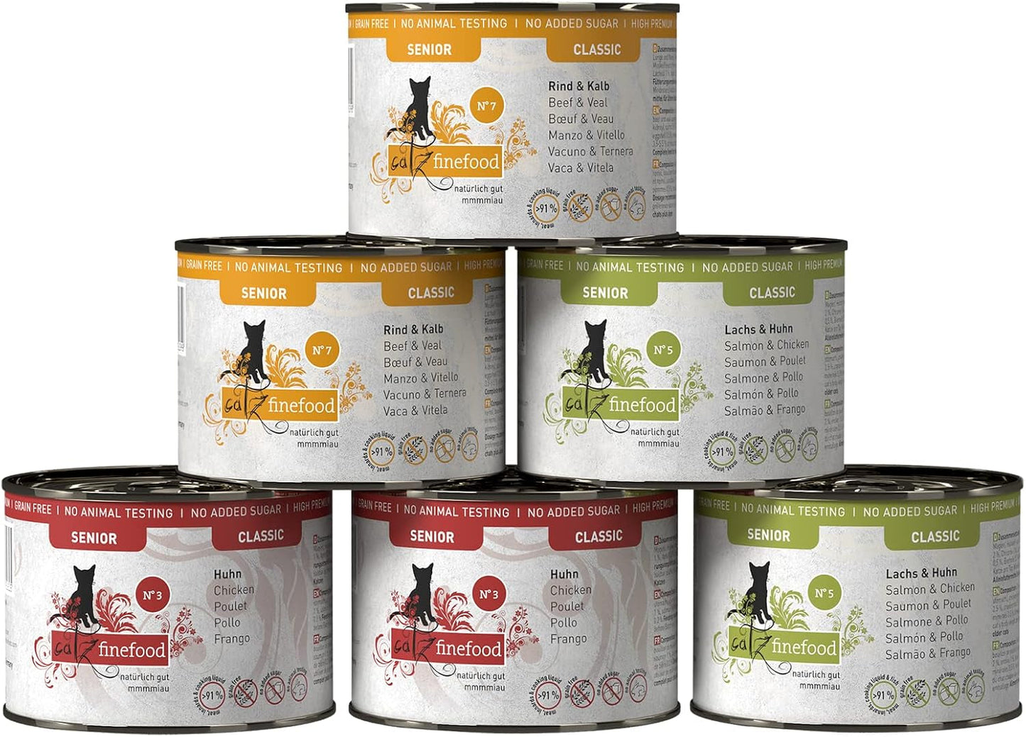 catz finefood Senior Collection Katzenfutter nass - Premium Nassfutter für Ihre Senior Katze - getreidefrei, bez Zucker, hoher Fleischanteil, Vitamine & Mineralien (6 x 200g dávka)