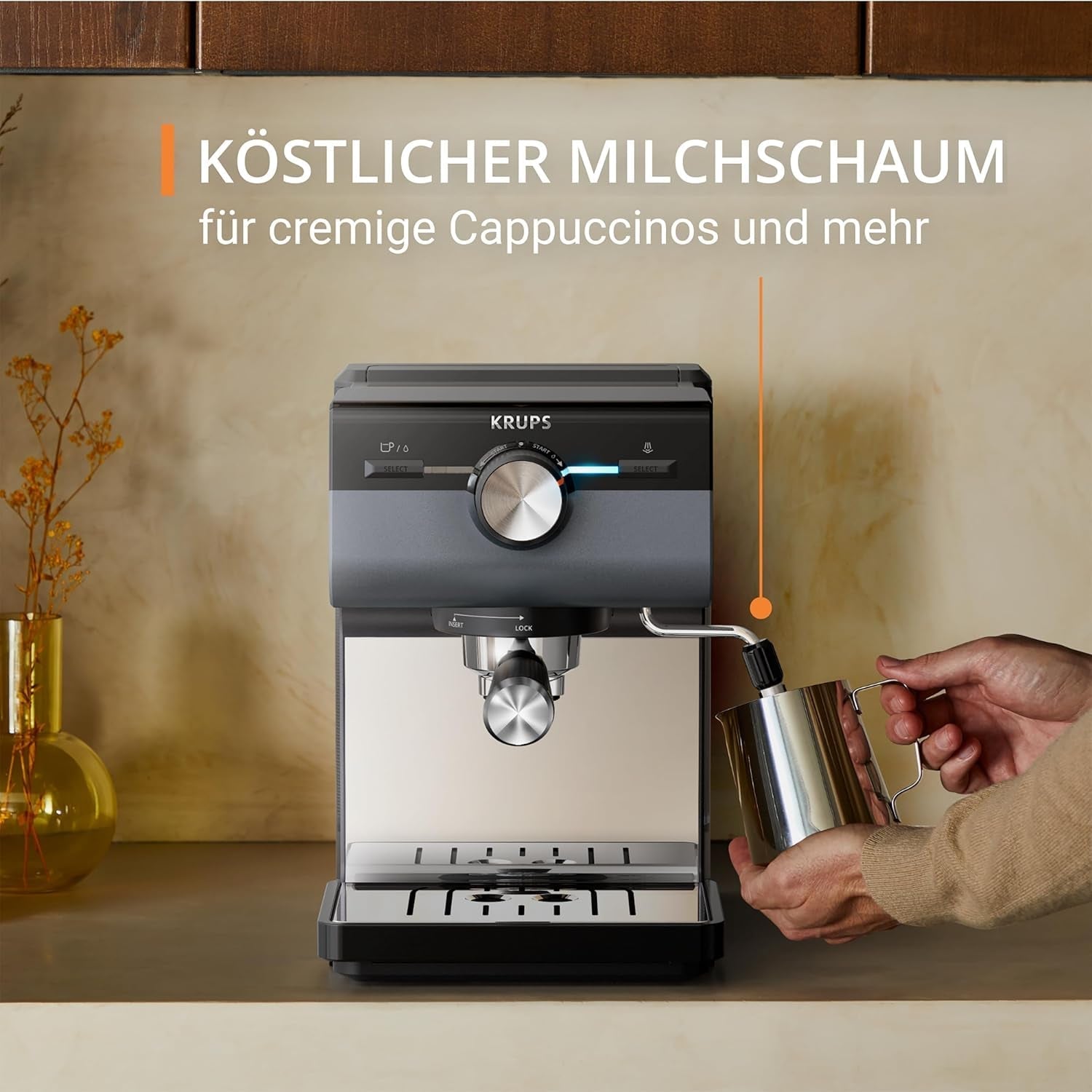 Espresso KRUPS Authentic+, 15 bar, intuitivní ovládání, propracovaný design, parní tryska, včetně rozšířeného příslušenství, Bullet Dark silver/Stainless steel, XP384G10