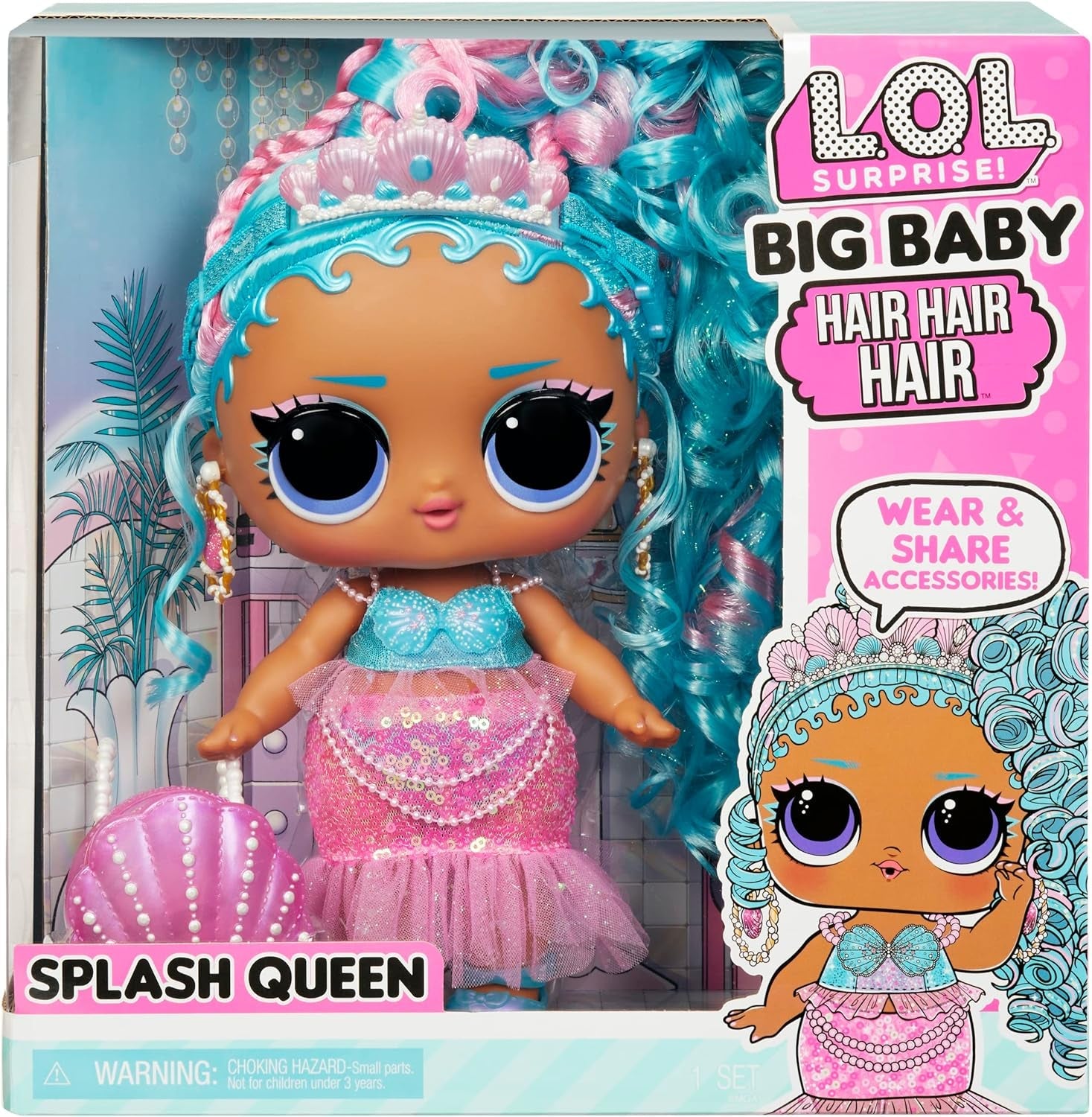 L.O.L. Překvapení! Big Baby Hair Hair Hair – SPLASH QUEEN – 27,94 cm große Puppe mit 14 Überraschungen, Accessoires zum Teilen und echten Haaren – Für Kinder und Sammler ab 4 Jahren