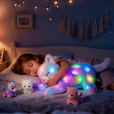 LED hudební plyšová kočka, lehká zpívající hračka, matka kočka se 3 koťaty v břiše, animovaná ukolébavka, uklidňující hračka pro maminky, děti, holčičky, duha, 45 cm