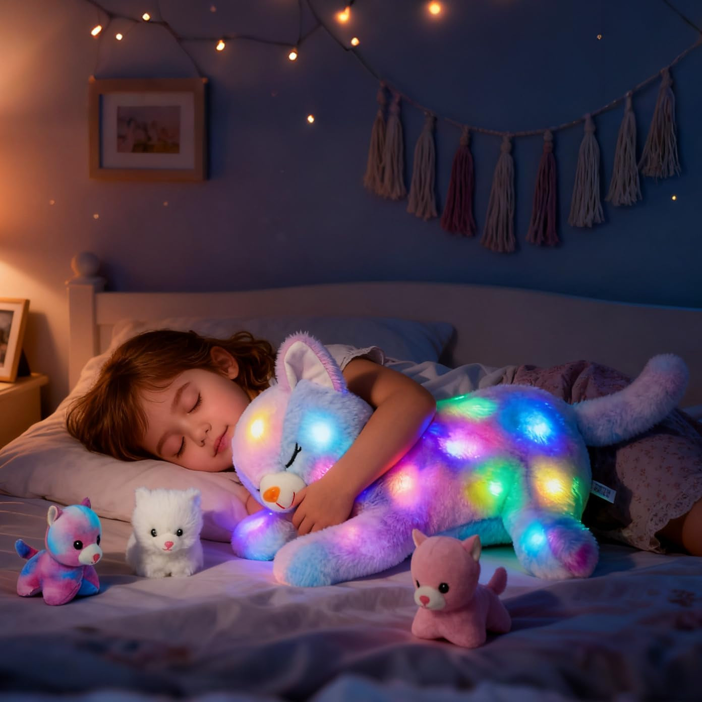 LED hudební plyšová kočka, lehká zpívající hračka, matka kočka se 3 koťaty v břiše, animovaná ukolébavka, uklidňující hračka pro maminky, děti, holčičky, duha, 45 cm