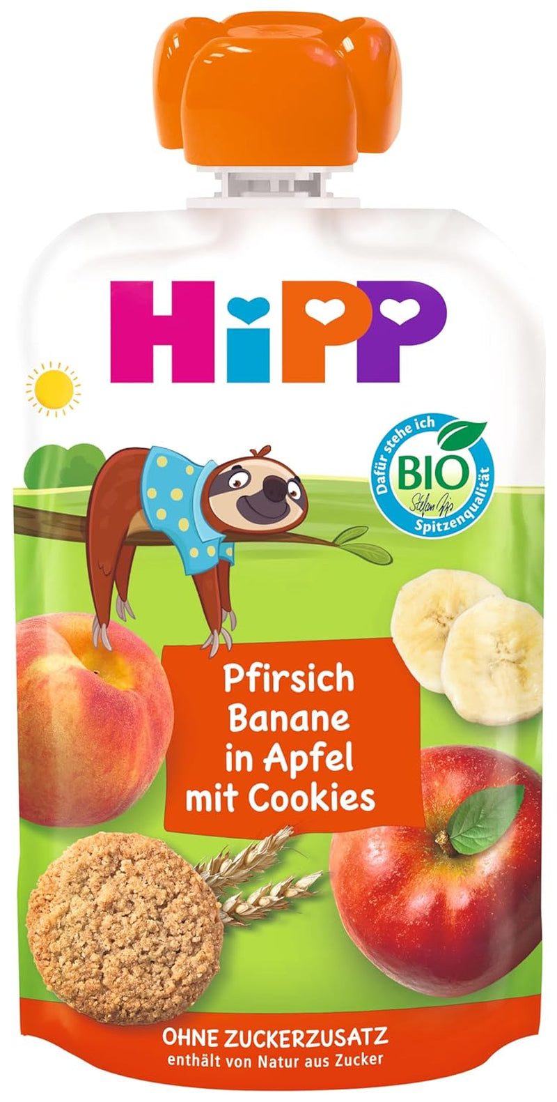HiPP mačkatelné kapsičky s bio broskvemi a banány v sáčcích s jablky a sušenkami - Felix the líný (8 x 100g), od 1 roku, ovoce s obilovinami, bez přidaného cukru, nejlepší bio kvalita