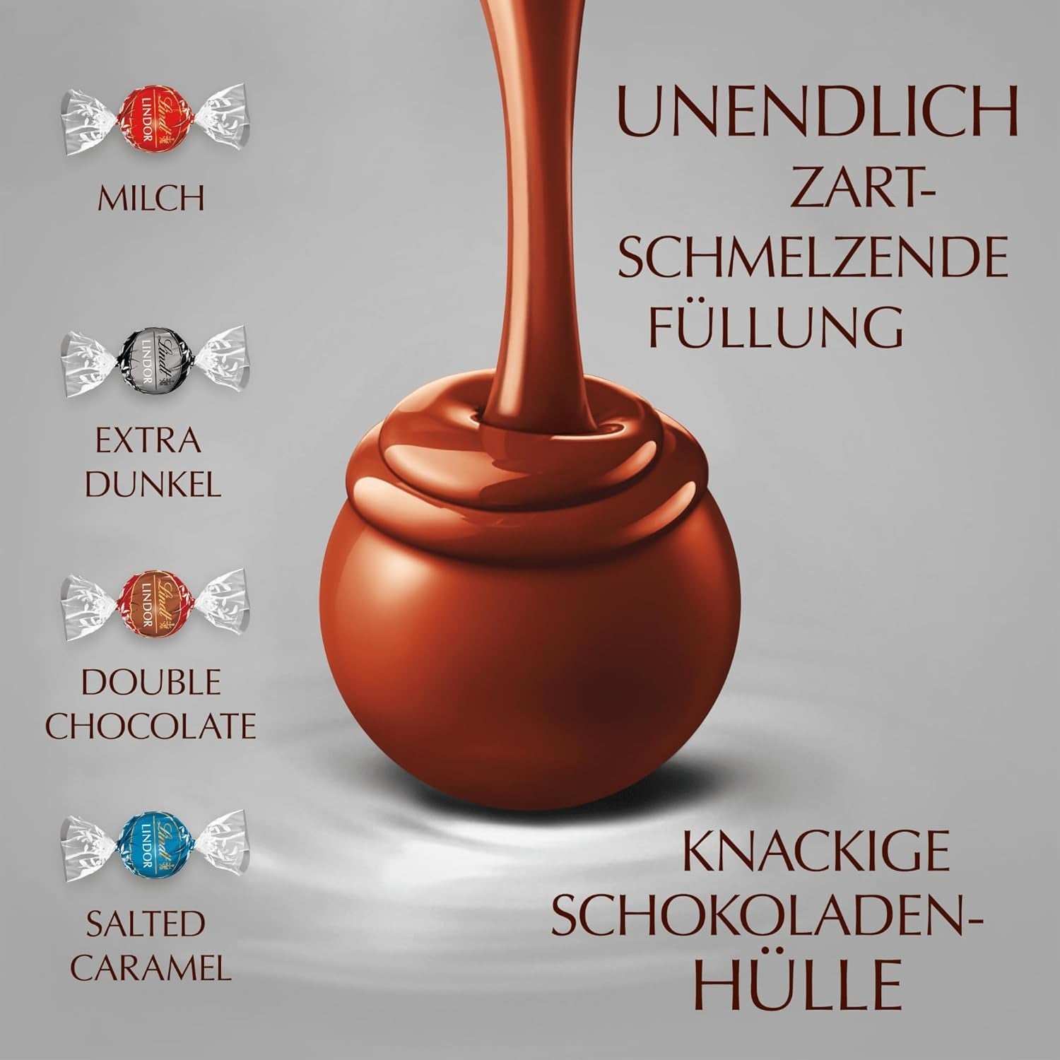 Lindt Čokoláda | Rozmanitá taška LINDOR stříbrná | 1 kg pytel | 80 mléčných čokoládových kuliček rozpouštějících se v ústech, 70%, příchuť slaný karamel a dvojitá čokoláda | Dárek čokolády ke sdílení