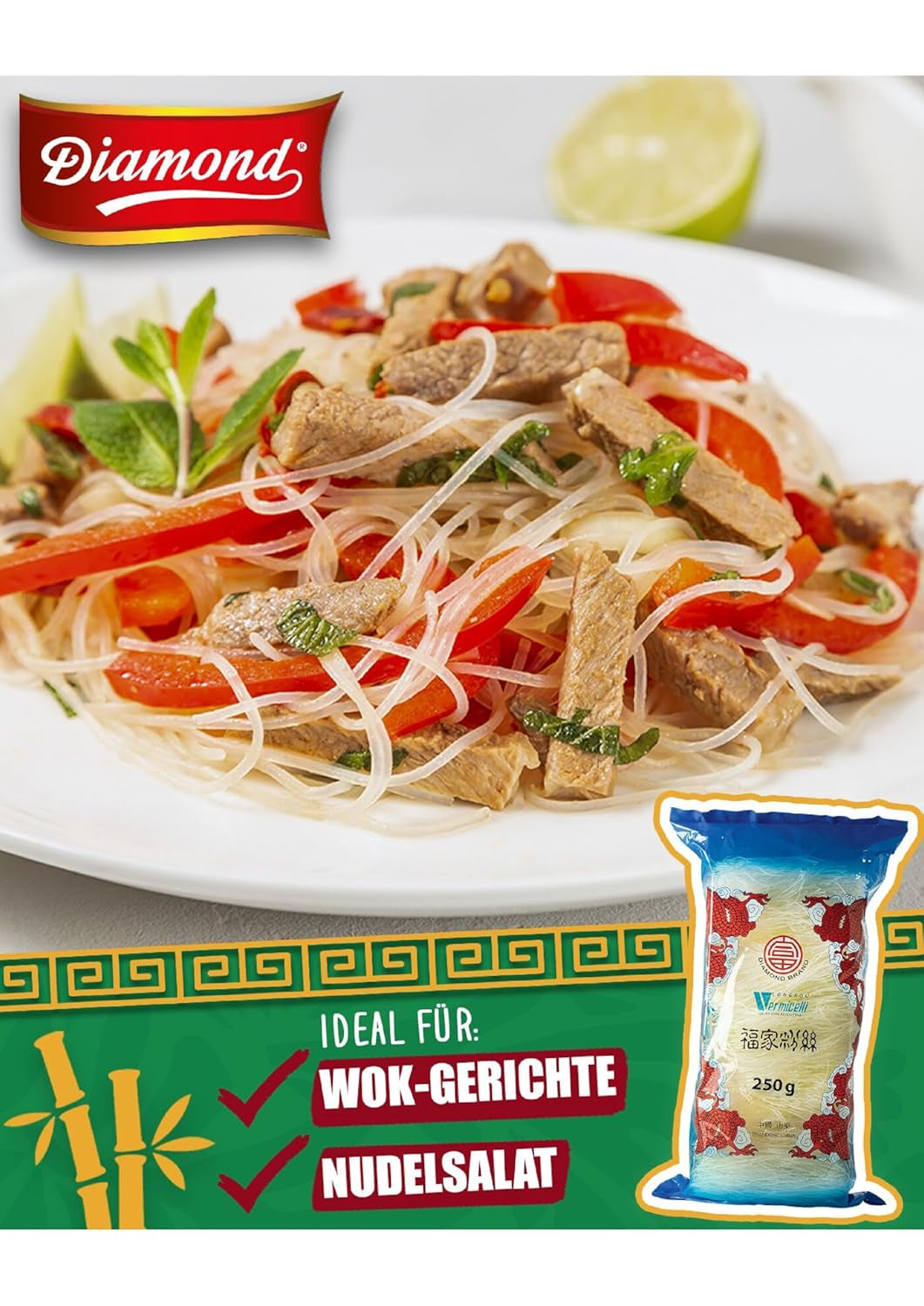 DIAMANTOVÉ skleněné nudle, dlouhé skleněné nudle, přirozeně veganské a bez lepku - 1 x 250 g