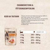 Mokré krmivo pro kočky Shelma s krůtou v rajčatové a bylinkové omáčce – kompletní krmivo bez obilovin s vysokým obsahem masa – 28 x 85 g (2,38 kg)
