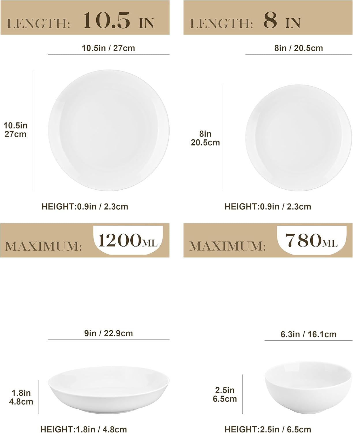 MALACASA Sada jídelního nádobí pro 12 osob, 48dílná sada moderního porcelánového nádobí Amelia, Obsluha s 12 talíři, dezertními talíři, talíři Suma a misky na cereálie, Moderní sada nádobí pro 12 osob – bílá