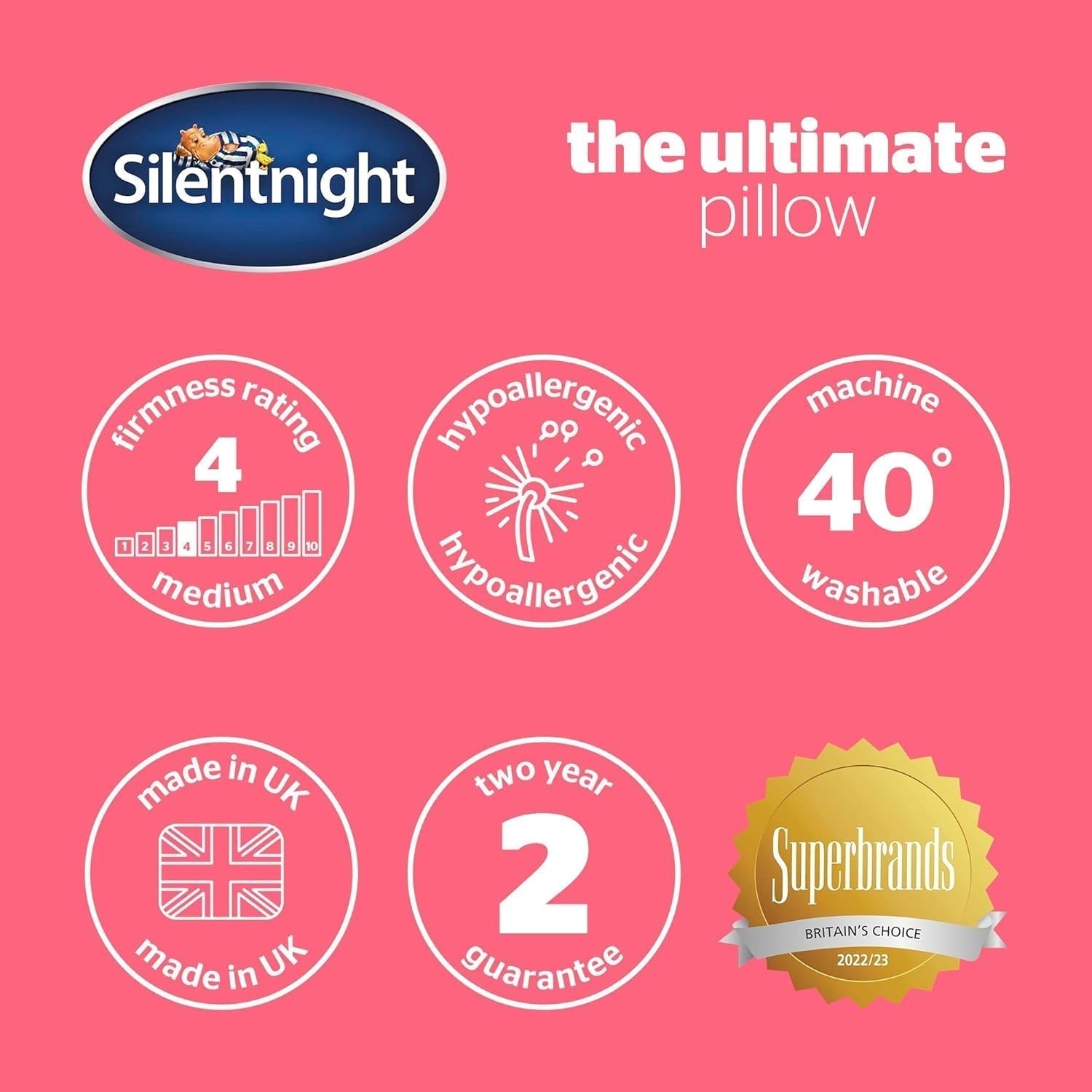 Polštář Silentnight Ultimate – měkký a podpůrný polštář na postel s luxusním prošívaným potahem Pinsonic Soft Touch, lze prát v pračce a je hypoalergenní pro zadní a boční spáče, 1ks standardních polštářů Naty Shop