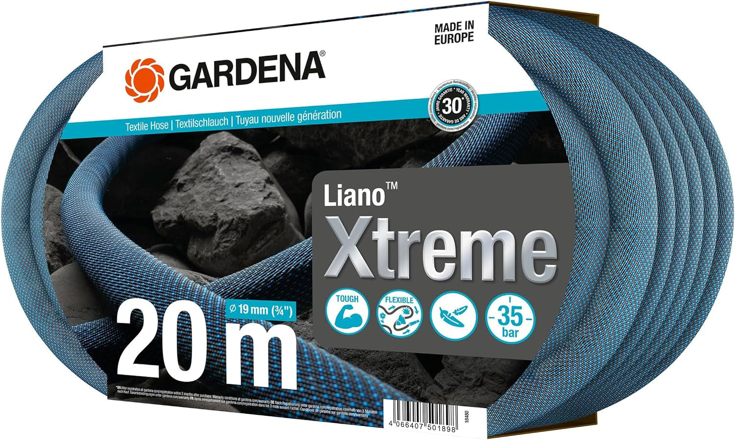 Gardena Liano Xtreme sada 3/4 palce, 20 m: Extrémně robustní textilní zahradní hadice s lehkou vnitřní hadicí z PVC odolnou vůči povětrnostním vlivům (18480-20)