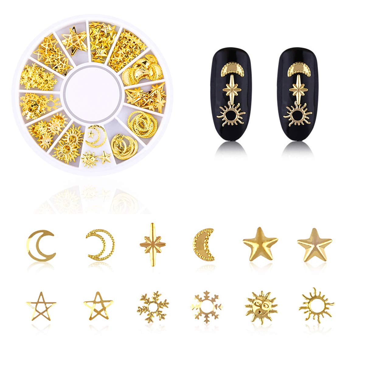 4 krabičky Nagel Art Strass, 3D Nagel Art Decorations, Mix Größe Nagel Perlen Glitter Strass Gold Metall Hohlniet Nagelkunst Stern Mond Sonne Nagel Zubehör Für DIY Nageldesign