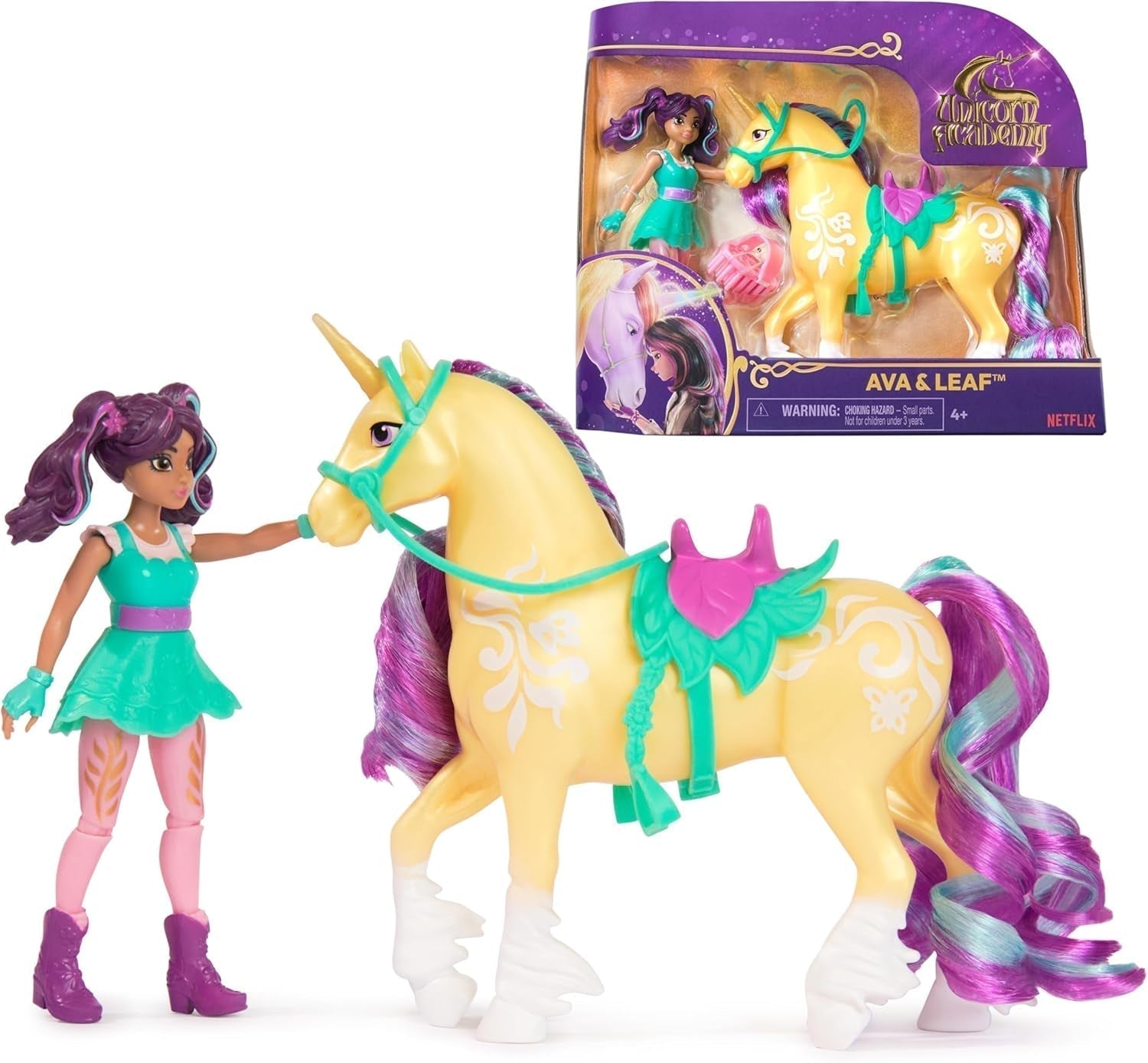 Unicorn Academy AVA a Unicorn Leaf Set – Originální figurky vysoké přibližně 12 cm z oblíbené série Netflix Se dvěma doplňky a kartáči na vlasy Pro nápadité hraní rolí, pro děti od 4 let Akční figurky Naty Shop Výchozí název