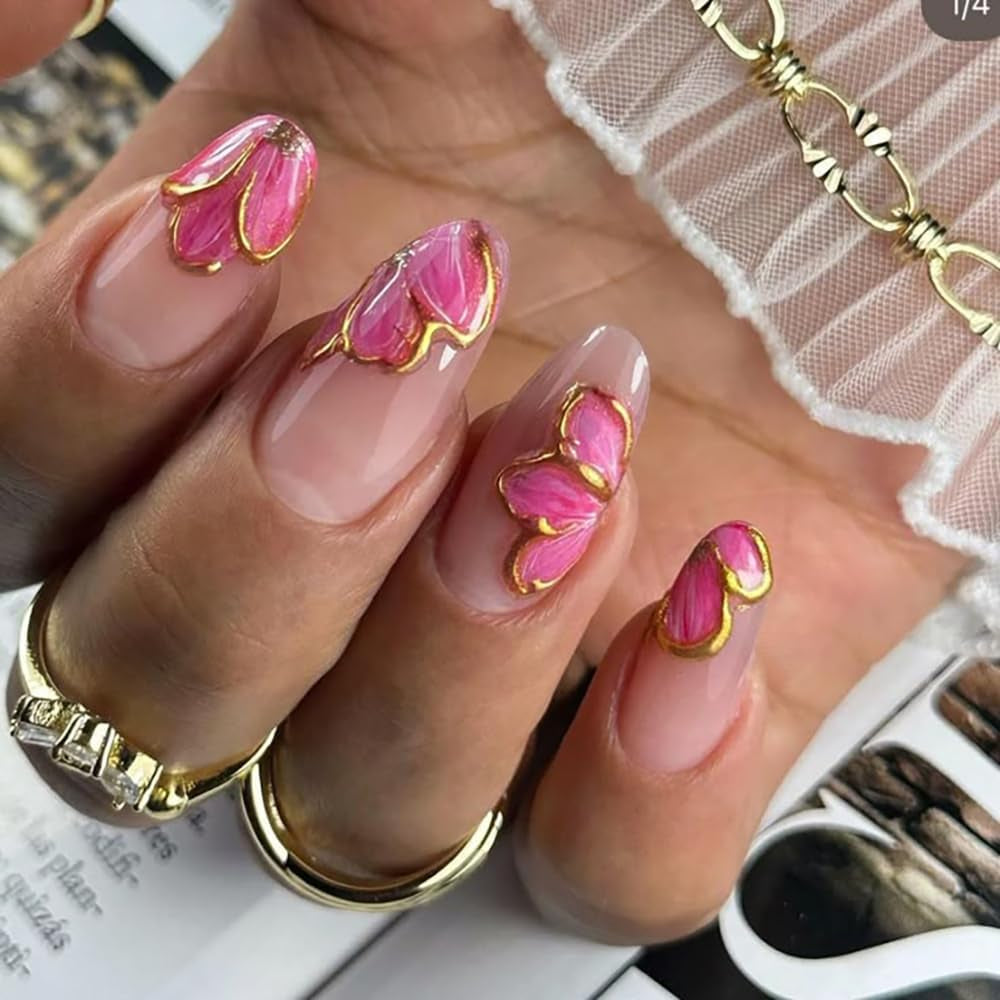 Zlatá Linie Schieber Rosa Samolepka na nehty Blumen 3D Květina Samolepka na nehty Sakura Blütenblätter Blumen Nagelaufkleber Frühling Summer Floral Nagel Sticker Květiny Samolepky na nehty Nageldesign Zubehör Nail Art
