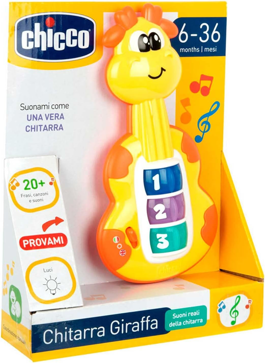 Chicco Žirafa Kytara Dětská chrastítka Funny Piano Dětská hračka 3 klávesy 12 písniček Hračka s elektronickou hudbou Ideální pro 6 měsíců Baby Žluté Dětské Toys Naty Shop