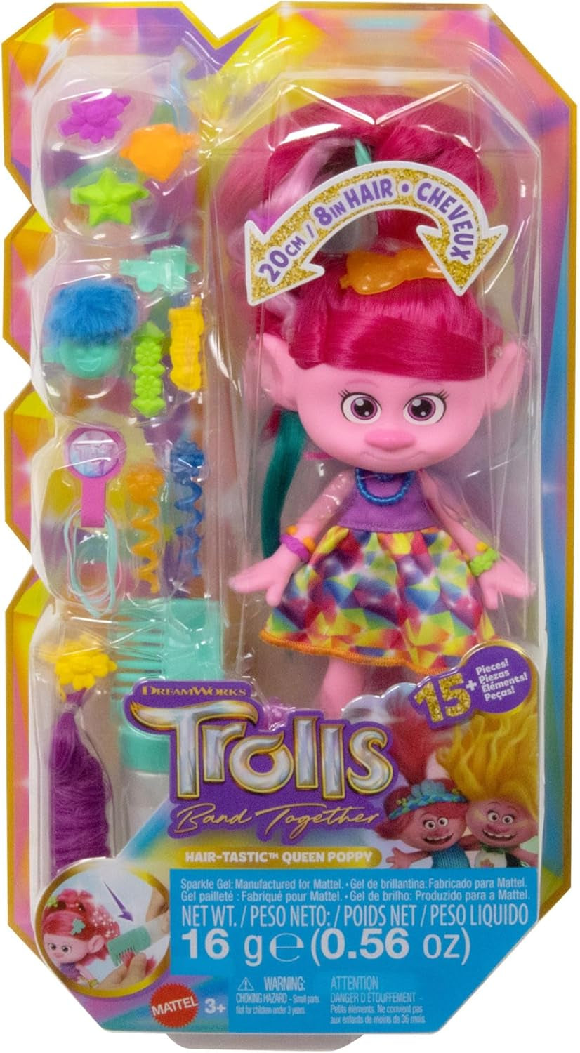 Mattel DREAMWORKS Trolls Together Strong - Vlasová panenka Queen Poppy Fashion - 15+ doplňků, třpytivý hřeben, omyvatelný třpytivý gel, pro věk 3+, panenky Naty Shop HNF25