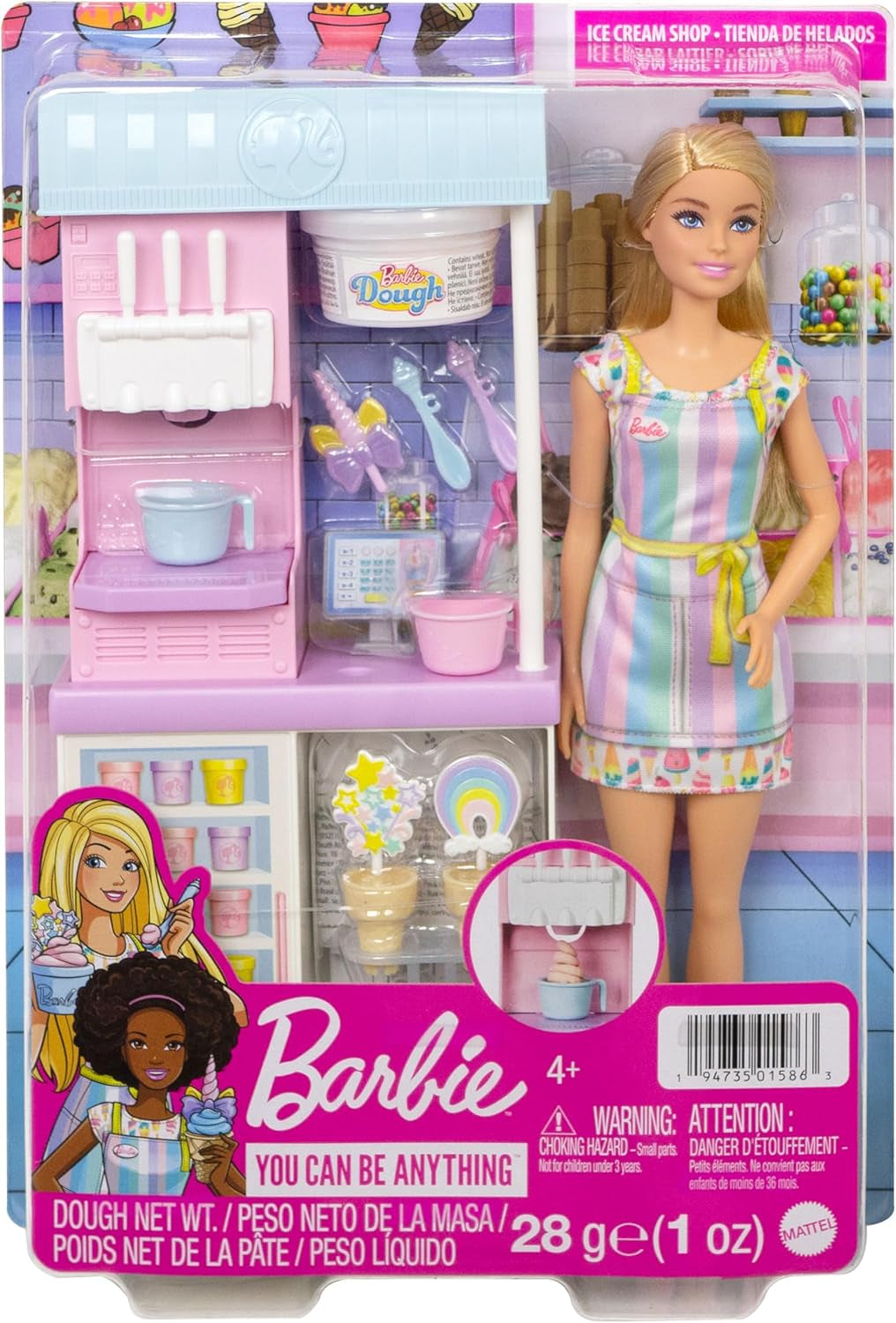 Série Barbie You Can Be Anything, Zmrzlinárna, 1x Panenka Barbie s blond vlasy, Stroj na zmrzlinu, Barbie Play-Doh, Doplňky na pečení, Dárek pro děti, Hračka od 3 let, HCN46
