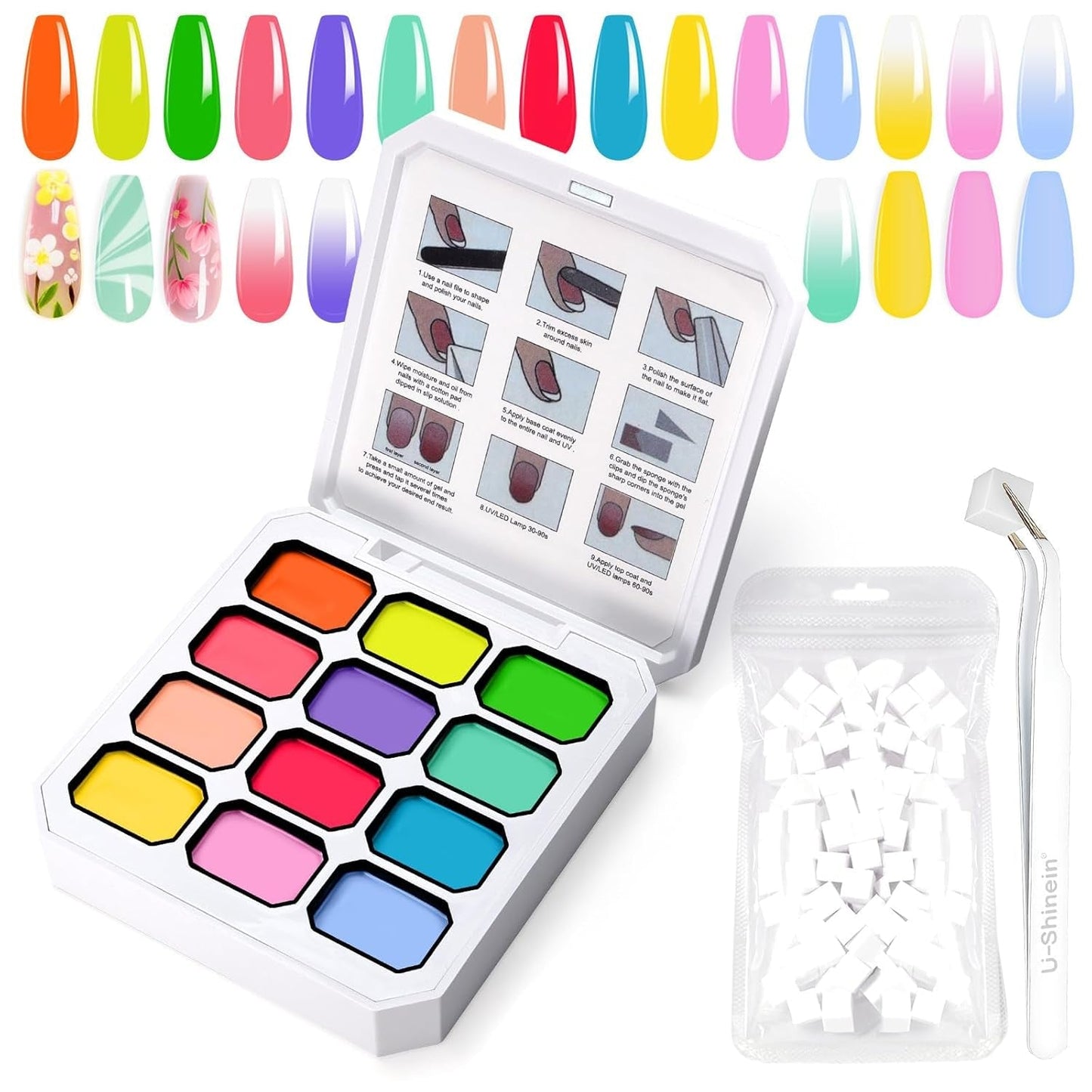 Gradient Painting Gel, 12 barev Ombre Gel lak na nehty se 100 ks houbiček na nehty a 4 drápy kovovým drapákem pro francouzskou manikúru DIY nail art, sada I