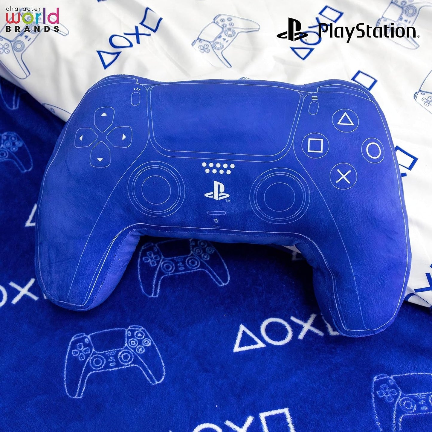 Svět postav: Oficiálně licencovaný polštář ve tvaru ovladače Playstation, design sluchátka, vycpaný plyšový polštář | Modré standardní polštáře Naty Shop, ideální do ložnice nebo na hraní