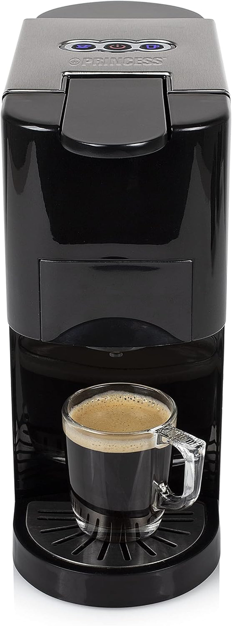 Vícekapslový espresso kávovar Princess 5 v 1 – kompatibilní s podložkami Nespresso, Dolce Gusto, Lavazza a Modo Mio a ESE, kapacita 0,8 l, 1450 W, stříbrná, černá
