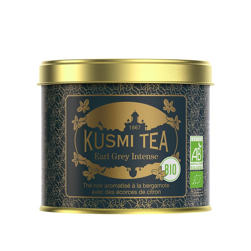 Kusmi Tea - Earl Grey Intense - Bio černý čaj Earl Grey se silným bergamotem a pikantním citronem - Sypaný čaj - 100g kovová krabička - Množství na cca 50 šálků